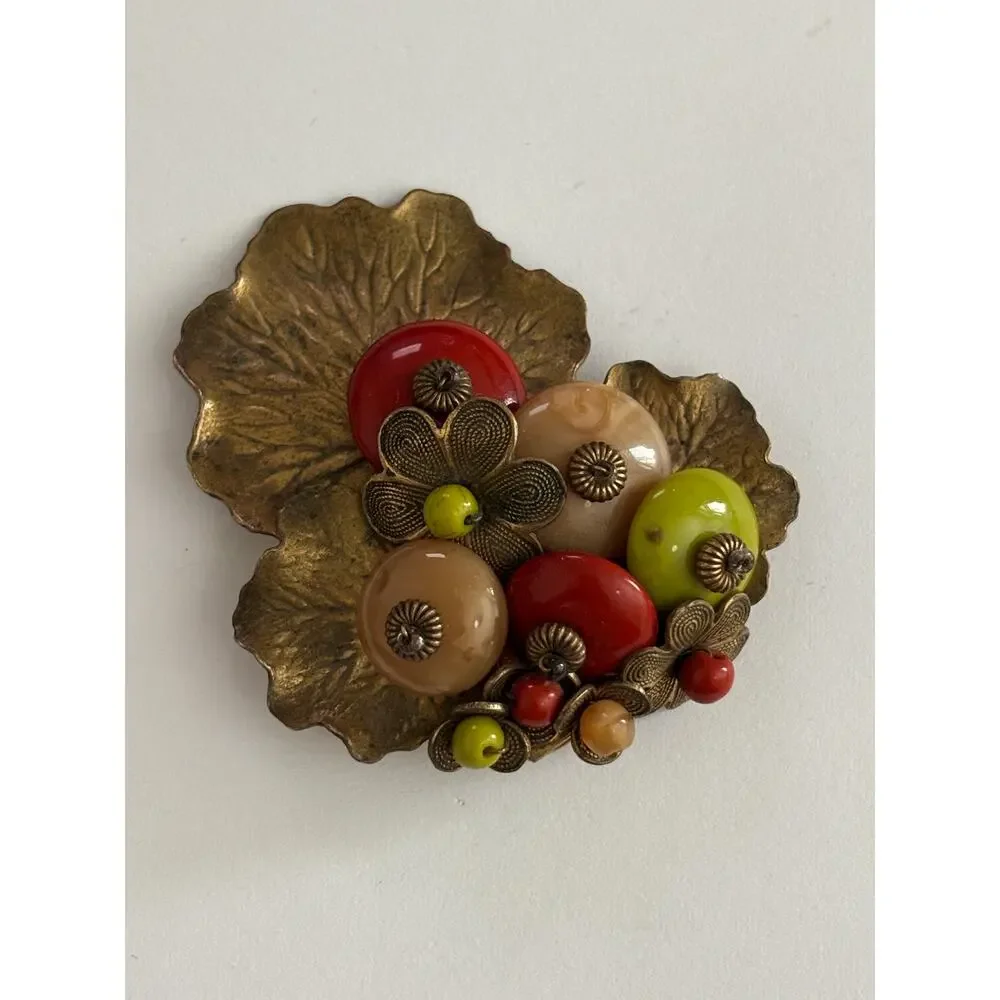 MIRIAM HASKELL by Frank Hess Dress Clip gold tone lily pads earth tone beads
